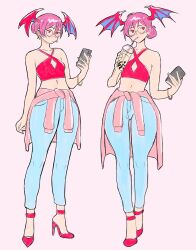 1girl capcom celebelian darkstalkers glasses head_wings high_heels lilith_(darkstalkers) phone purple_hair wings