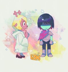 1girl antlers armor armored_boots beryllium_game black_shoes blonde_hair blue_skin boots cape cheese colored_skin commentary deer_antlers deer_girl deltarune food furry furry_female hair_over_eyes hashtag-only_commentary hooded_robe horns kris_(dark_world)_(deltarune) kris_(deltarune) long_hair noelle_holiday noelle_holiday_(dark_world) open_mouth red_cape robe saliva shoes short_hair white_robe