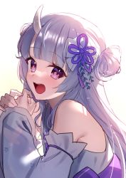 Rule 34 | 1girl, :d, bare shoulders, bow, brown background, busou kanojo, detached sleeves, double bun, gradient background, grey hair, hair bow, hair bun, highres, horns, japanese clothes, kimono, kitasaya ai, long hair, long sleeves, looking at viewer, nenemaru (busou kanojo), open mouth, red eyes, shinsougumi, single horn, sleeveless, sleeveless kimono, smile, solo, very long hair, virtual youtuber, white background, white bow, white kimono, white sleeves, wide sleeves
