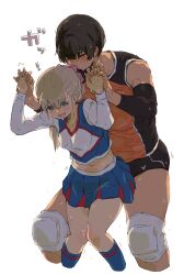 2girls black_hair black_sleeves blonde_hair blue_skirt blush bow collarbone detached_sleeves hair_bow height_difference highres holding_hands interlocked_fingers kei_(m_k) long_sleeves m_k midriff multicolored_hair multiple_girls navel open_mouth original pink_bow red_eyes red_skirt rika_(m_k) short_hair simple_background skirt standing sweat symbol-shaped_pupils tomboy trembling two-tone_hair white_background yuri