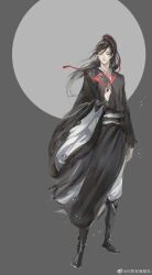 1boy black_boots black_hair black_hanfu boots chinese_clothes closed_eyes closed_mouth faux_traditional_media flower full_body full_moon grey_background hair_ribbon hand_up hanfu high_ponytail highres ink_wash_painting kcllzas163 light_particles long_hair long_sleeves magic male_focus modao_zushi moon pants pink_flower ponytail red_ribbon ribbon robe smile solo standing third-party_source watermark wei_wuxian weibo_watermark white_pants wide_sleeves