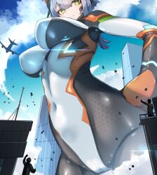 1girl absurdres aircraft airplane blue_hair bodysuit breasts building city cloud colossus_(natsukaze_shigure) covered_navel destruction from_below giant giantess green_eyes grey_hair hand_on_own_hip headgear helicopter hexagon_print highres impossible_bodysuit impossible_clothes large_breasts long_hair looking_at_viewer magical_girl natsukaze_shigure original outdoors short_hair size_difference skin_tight sky smile solo_focus variant_set