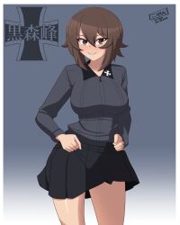 Rule 34 | absurdres, artist name, black collar, black skirt, breasts, brown eyes, clenched hands, clenched teeth, collar, cross, dress shirt, emblem, girls und panzer, gradient background, grey shirt, hands on own hips, highres, insignia, julian belkan, kuromorimine (emblem), kuromorimine school uniform, large breasts, looking at viewer, miniskirt, nishizumi maho, school uniform, shirt, short hair, skirt, smile, teeth, thick thighs, thighs, wing collar