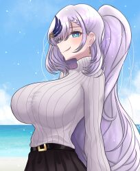 1girl belt black_belt black_skirt blue_eyes blue_feathers blue_sky braid breasts bright_pupils closed_mouth earrings feather_hair_ornament feathers hair_ornament highres hololive hololive_indonesia jewelry large_breasts long_hair ocean pavolia_reine ponytail rachman_erza ribbed_shirt shirt skirt sky solo turtleneck turtleneck_shirt virtual_youtuber white_pupils white_shirt