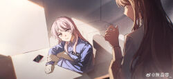 2girls absurdres bang_dream! bang_dream!_it&#039;s_mygo!!!!! blue_shirt brown_hair cellphone chihaya_anon chinese_commentary collared_shirt commentary_request dress_shirt grey_eyes highres long_hair long_sleeves multiple_girls muonrei00 nagasaki_soyo open_mouth phone pink_hair police police_uniform policewoman shirt sidelocks smartphone watermark weibo_watermark white_shirt