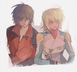 Rule 34 | 1boy, 1girl, black hair, blonde hair, cagalli yula athha, gundam, gundam seed, jacket, medium hair, military jacket, military uniform, red eyes, red jacket, she (morianosu), shinn asuka, short hair, white background, yellow eyes, zaft uniform