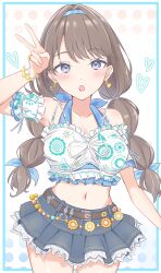 Rule 34 | 1girl, absurdres, arm up, belt, bikini, bikini top only, black skirt, blue bikini, breasts, brown belt, brown hair, cleavage, collarbone, commentary request, cowboy shot, denim, denim skirt, detached sleeves, frilled bikini, frilled skirt, frills, fujishima megumi, halterneck, heart, highres, iroha (nami3), large breasts, link! like! love live!, long hair, looking at viewer, love live!, low twintails, midriff, miniskirt, multi-tied hair, natsumeki pain, navel, official alternate costume, official alternate hairstyle, polka dot, polka dot background, purple eyes, short sleeves, skirt, solo, swimsuit, twintails, v, virtual youtuber