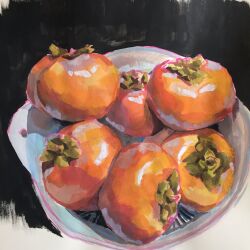 Rule 34 | black background, food, food focus, fruiitlins, fruit, fruit bowl, highres, no humans, original, outline, painterly, persimmon, pink outline, simple background, still life, vegetable