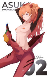 1girl absurdres arms_up artist_name blue_eyes breasts character_name collarbone copyright_name english_text hand_in_own_hair highres interface_headset_(evangelion) legs li_kha long_hair looking_down mecha_pilot_suit medium_breasts narrow_waist navel neon_genesis_evangelion pasties plugsuit_(evangelion) red_hair signature simple_background solo souryuu_asuka_langley spread_legs thigh_gap upper_body white_background