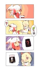 10s alpaca_ears alpaca_suri_(kemono_friends) animal_ears bird_wings blonde_hair bottle comic cup fur_collar fur_trim hair_over_one_eye head_wings highres holstein_friesian_cattle_(kemono_friends) japanese_crested_ibis_(kemono_friends) kemono_friends litamisu long_sleeves milk_bottle multiple_girls open_mouth short_hair smile tea wings