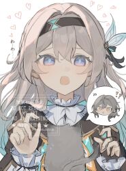 !? 2girls :o animal animal_ears aroha252538 black_hairband black_ribbon blush bridal_gauntlets cat cat_ears cat_tail firefly_(honkai:_star_rail) gradient_eyes green_pupils grey_hair hair_between_eyes hair_ornament hair_ribbon hairband heart highres honkai:_star_rail honkai_(series) long_sleeves multicolored_eyes multiple_girls neckerchief open_mouth orange_neckerchief ribbon simple_background single_bridal_gauntlet stelle_(honkai:_star_rail) tail trailblazer_(honkai:_star_rail) white_background white_sleeves yellow_eyes