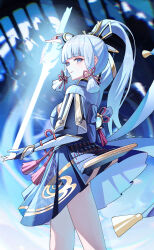 1girl absurdres arm_guards armor ayaka_(genshin_impact) black_gloves blue_eyes blue_hair blunt_bangs blunt_tresses from_behind genshin_impact gloves high_ponytail highres holding holding_sword holding_weapon japanese_armor long_hair looking_at_viewer looking_back mole mole_under_eye parted_lips partially_fingerless_gloves ponytail smile solo standing sword tassel vision_(genshin_impact) weapon wuzhihuijia