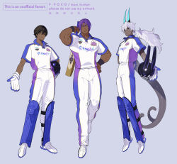 3boys arjuna_(fate) arjuna_alter_(fate) arm_behind_back artist_name bhima_(fate) black_eyes blue_background brown_hair cleats closed_mouth commentary_request cricket_(sport) cricket_bat dark-skinned_male dark_skin fate/grand_order fate_(series) full_body gloves hair_between_eyes hand_on_own_hip helmet highres holding holding_helmet horns light_smile long_hair looking_at_viewer lotus_print low_ponytail male_focus multiple_boys muscular muscular_male pants ponytail purple_eyes purple_hair semi_(p-poco) shin_guards shirt shoes short_hair short_sleeves simple_background smile sportswear standing tail twitter_username unworn_headwear unworn_helmet white_gloves white_hair white_pants white_shirt white_shoes