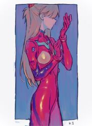 1girl artist_request bodysuit breasts brown_hair closed_mouth expressionless hairpods highres interface_headset_(evangelion) long_hair mecha_pilot_suit neon_genesis_evangelion plugsuit_(evangelion) red_bodysuit shiny_clothes solo souryuu_asuka_langley tsundere wide_hips