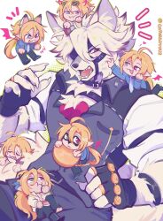 2boys absurdres animal_ears artist_name ascot black_gloves blonde_hair blue_necktie blue_shirt blush catosauruus chibi claws colored_tips commentary eyepatch fang fang_out fangs fingerless_gloves furry furry_male gloves grey_pants grey_vest heterochromia highres hugo_vlad looking_at_another male_focus multicolored_hair multiple_boys necktie open_clothes open_mouth open_shirt pants ponytail red_ascot red_eyes shirt tail vest von_lycaon white_background white_shirt wolf_boy wolf_ears wolf_tail zenless_zone_zero