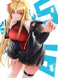 Rule 34 | 1girl, alternate costume, bare shoulders, black jacket, black skirt, breasts, closed mouth, commentary request, copyright name, fate testarossa, hand on own thigh, highres, jacket, large breasts, long hair, long sleeves, looking at viewer, lyrical nanoha, mahou shoujo lyrical nanoha exceeds: gun blaze vengeance, mahou shoujo lyrical nanoha strikers, off shoulder, paid reward available, parted bangs, reaching, reaching towards viewer, red eyes, red shirt, shirt, skirt, sleeveless, sleeveless shirt, solo, sougetsu izuki, standing, thigh strap, thighs