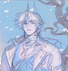 Rule 34 | 1boy, arknights, blue background, blue sky, blue theme, chongyue (alighting) (arknights), chongyue (arknights), collared jacket, commentary request, dragon boy, dragon horns, earrings, grin, horns, jacket, jewelry, korean commentary, long hair, looking at viewer, low ponytail, male focus, mandarin collar, nills, outdoors, pointy ears, ponytail, simple bird, sky, smile, solo, tree, upper body