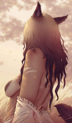 1girl animal_ears back blonde_hair blurry blurry_background brown_hair bug butterfly cat_ears cat_girl cat_tail dark-skinned_female dark_skin ear_piercing facing_away final_fantasy final_fantasy_xiv freckles gradient_hair highres insect large_areolae loose_clothes loose_shirt miqo&#039;te mole multicolored_hair off_shoulder outdoors piercing shirt solo soranamae tail tan tanline topless_female tree warrior_of_light_(ff14) wavy_hair wheat
