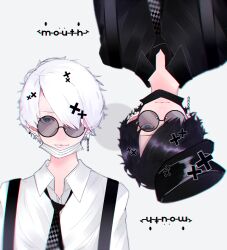 Rule 34 | 2boys, black hair, black hat, black necktie, black shirt, chain, chain earrings, checkered necktie, closed mouth, collared shirt, covered navel, glasses, grey background, hair over one eye, hat, highres, kepi, long bangs, looking at viewer, male focus, mano aaa, mask, military hat, mouth mask, multiple boys, necktie, one eye covered, original, paperclip earrings, shirt, short hair, suspenders, swept bangs, tinted eyewear, upper body, upside-down, white hair, white shirt