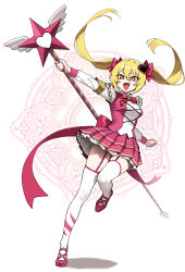 1girl :d absurdres armband blonde_hair bow breasts commentary don_quixote_(project_moon) e.g.o_(project_moon) fang floating_hair full_body hair_bow hair_ornament heart heart_hair_ornament highres holding holding_staff in_the_name_of_love_and_hate_(e.g.o) korean_commentary limbus_company lobotomy_corporation_(identity)_(project_moon) lobotomy_corporation_logo long_hair long_sleeves mage_staff magic_circle open_mouth pink_bow pink_garter_straps pink_shoes pink_skirt pink_vest pleated_skirt project_moon shirt shoes simple_background skirt smile solo staff standing standing_on_one_leg thighhighs twintails vest white_background white_shirt white_thighhighs yaritoo yellow_armband yellow_eyes