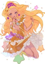 1girl :d absurdres amamiya_elena blonde_hair boots choker cure_soleil dark-skinned_female dark_skin dress earrings floating_hair frilled_dress frills highres jewelry knee_boots long_hair looking_at_viewer magical_girl open_mouth precure purple_eyes seika_(yuimarutoka0219) simple_background sketch sleeveless sleeveless_dress smile solo sphere_earrings star_(symbol) star_twinkle_precure teeth upper_teeth_only white_background wrist_cuffs yellow_boots yellow_dress