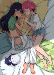 2girls absurdres amate_yuzuriha ankle_strap barefoot beanie bed black_hair blue_eyes blue_hat blush commentary_request feet gundam gundam_gquuuuuux haro hat highres holding_hands implied_fingering interlocked_fingers long_hair looking_at_another multiple_girls na_bia nyaan_(gundam_gquuuuuux) on_bed panties pillow red_hair shirt short_hair short_shorts shorts sweat t-shirt toes underwear yellow_eyes yuri