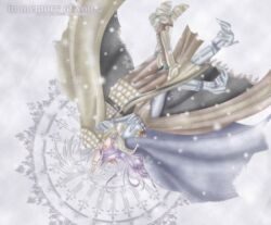 1boy 1girl 2000s_(style) armor armored_boots boots brown_pants cape chainmail closed_eyes crusader_(ragnarok_online) full_body gauntlets grey_cape grey_hair hug knight_(ragnarok_online) long_hair medium_hair pants pauldrons ragnarok_online sharari shoulder_armor snow upside-down
