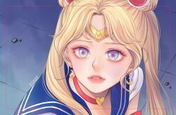 Rule 34 | 1girl, artist name, bishoujo senshi sailor moon, blonde hair, blue eyes, blue sailor collar, choker, circlet, commentary request, crescent, crescent earrings, double bun, earrings, eundi ed, eyelashes, eyeshadow, hair bun, jewelry, korean commentary, magical girl, makeup, meme, parted lips, red choker, red eyeshadow, sailor collar, sailor moon, sailor moon redraw challenge (meme), sailor senshi uniform, short sleeves, sidelocks, solo, sweatdrop, tsukino usagi, twitter username