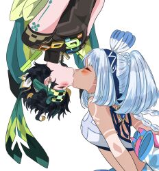 1boy 1girl antenna_hair bare_shoulders bikini black_hair black_jacket black_sleeves blue_bow blue_gemstone blue_hair blush bow braid closed_eyes cocotsuko1204 couple dark-skinned_female dark_skin eyeliner eyeshadow gem genshin_impact green_hair green_headband headband hetero high_ponytail highres jacket kinich_(genshin_impact) kiss leaning_forward light_blue_hair makeup mualani_(genshin_impact) multicolored_hair pale_skin ponytail ponytail_with_braided_base red_eyeliner red_eyeshadow short_sleeves sidelocks streaked_hair swimsuit tan tanline turtleneck turtleneck_jacket twin_braids upside-down upside-down_kiss vision_(genshin_impact) white_background white_bikini zipper zipper_pull_tab