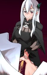 Rule 34 | 1girl, animal hair ornament, bathroom, black capelet, black dress, blush, breasts, butterfly hair ornament, capelet, clothes lift, dress, dress lift, echidna (re:zero), hair ornament, highres, large breasts, long hair, long sleeves, looking at viewer, no panties, peeing, pussy, re:zero kara hajimeru isekai seikatsu, red background, red eyes, smile, standing, temushi (tmsanai), uncensored, urinal, urinal use, white hair