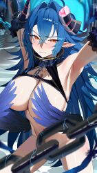 1girl absurdres ahoge angry armpits arms_up biting_own_lip blue_hair blurry blurry_background blurry_foreground blush breasts broken_horn chain collar commission covering_breasts covering_privates crossed_bangs demon_horns ear_piercing falling_feathers feathered_wings feathers hair_between_eyes hair_intakes highres horns large_breasts long_hair long_pointy_ears looking_at_viewer low_wings metal_collar navel nude orange_eyes original piercing pointy_ears shiny_skin solo sweat trapped v-shaped_eyebrows very_long_hair wings ziki_(gkdlfnzo1245)