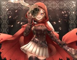 1girl :d absurdres belt black_background black_thighhighs blue_eyes bodice brown_hair brown_nails cat_tail cloak commentary_request commission cowboy_shot facial_mark fangs final_fantasy final_fantasy_xiv floating_clothes highres holding holding_mask holding_polearm holding_weapon hood hood_up kuro11_222 light_particles looking_at_viewer mask miqo&#039;te one_eye_covered open_mouth pleated_skirt polearm red_cloak skeb_commission skirt slit_pupils smile solo tail thighhighs torn_cloak torn_clothes unworn_mask vambraces warrior_of_light_(ff14) weapon whisker_markings white_skirt zettai_ryouiki