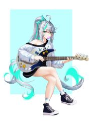 Rule 34 | 1girl, absurdres, ahoge, bandaid, bandaid on cheek, bandaid on face, bbshrimp, black skirt, bow, chewing gum, crossed legs, electric guitar, epinel (nikke), goddess of victory: nikke, green background, green bow, green eyes, green hair, grey hair, guitar, hair bow, highres, instrument, invisible chair, long hair, long sleeves, looking at viewer, multicolored hair, music, off shoulder, playing guitar, playing instrument, ponytail, shirt, shoes, sitting, skirt, sneakers, socks, solo, star sticker, streaked hair, very long hair, white background, white shirt