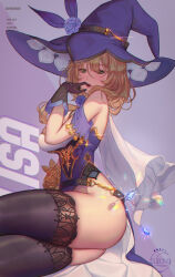 1girl absurdres artist_name ass black_gloves black_thighhighs blue_gemstone breasts brown_hair character_name cowboy_shot finger_to_mouth flower framed_breasts gem genshin_impact gloves gold_trim green_eyes hair_between_eyes hat hat_belt hat_flower highres lace lace-trimmed_thighhighs lace_trim large_breasts lisa_(genshin_impact) long_hair looking_at_viewer purple_flower purple_hat purple_rose rose sitting solo subong thighhighs witch witch_hat