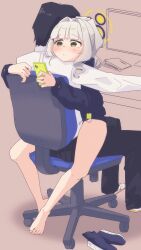 1boy 1girl at_computer barefoot black_hoodie blue_archive cellphone closed_mouth green_eyes grey_hair hair_intakes halo hare_(blue_archive) highres holding holding_phone hood hoodie long_hair long_sleeves mimizukuro on_chair phone shirt shoes sitting sitting_on_lap sitting_on_person smartphone swivel_chair unworn_shoes white_shirt yellow_halo