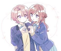 Rule 34 | 2girls, arimura mao, arm around waist, blue eyes, blue jacket, blue ribbon, blue skirt, blush, brown hair, collared shirt, commentary request, curtained hair, gakuen idolmaster, hair bun, hand on another&#039;s waist, hatsuboshi gakuen school uniform, heart, heart hands, heart hands duo, highres, himesaki rinami, idolmaster, jacket, long hair, long sleeves, multiple girls, neck ribbon, open clothes, open jacket, purple eyes, ribbon, school uniform, shirt, short hair, skirt, sweater, white shirt, yasushi (yssm8), yellow sweater
