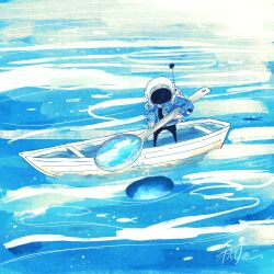 1other absurdres artist_name blue_jacket boat commentary fish flying_fish gloves helmet highres holding holding_spoon jacket kazunoko_(kazunoko_zunoco) ocean on_boat original other_focus oversized_object radio_antenna rowboat signature solo space_helmet spoon standing water watercraft white_gloves