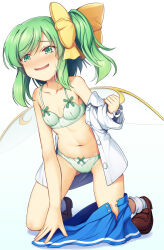 Rule 34 | 1girl, :d, bare arms, blue skirt, blush, bow, bow panties, bra, breasts, brown shoes, cameltoe, chima q, collarbone, commentary, daiyousei, fairy wings, full body, green bra, green eyes, green panties, hair bow, highres, kneeling, long hair, looking at viewer, navel, nose blush, off shoulder, open mouth, panties, shirt, shoes, side ponytail, simple background, single bare arm, skirt, small breasts, smile, socks, solo, standing, standing on one leg, stomach, sweat, touhou, underwear, undressing, white background, white shirt, white socks, wings, yellow bow