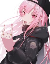 Rule 34 | 1girl, :d, \m/, absurdres, black hat, black hoodie, commentary, earrings, fang, hat, headphones, headphones around neck, highres, hololive, hololive english, hood, hoodie, hoop earrings, jewelry, long hair, long sleeves, mod (miballdan), mori calliope, mori calliope (streetwear), official alternate costume, official alternate hairstyle, open mouth, pink eyes, pink hair, simple background, sleeves past fingers, sleeves past wrists, smile, solo, teeth, tongue, virtual youtuber, white background