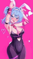 Rule 34 | 1girl, 5s0n9, absurdres, animal ears, arm strap, armpits, arms up, bare shoulders, between breasts, black leotard, blue eyes, blue hair, blush, breasts, breasts apart, clothing cutout, commentary request, cowboy shot, cutout above navel, detached collar, fake animal ears, fake tail, fishnet pantyhose, fishnets, hair ornament, hairband, hatsune miku, heart, heart-shaped pupils, heart cutout, highleg, highleg leotard, highres, large breasts, leotard, looking at viewer, medium hair, necktie, open mouth, pantyhose, pink background, pink ribbon, playboy bunny, rabbit ears, rabbit hole (vocaloid), rabbit pose, rabbit tail, ribbon, short necktie, simple background, solo, symbol-shaped pupils, tail, teardrop facial mark, thigh gap, thigh strap, tongue, tongue out, vocaloid, white hairband, x hair ornament