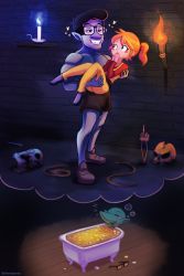 1boy 1girl absurdres bathtub blue_light carrying carrying_person cheerfuljonsku dreaming dungeon glasses goblin goblin_tinkerer_(terraria) gold highres mechanic_(terraria) rescue rope saving skull terraria torch