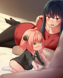 1boy 2girls anya_(spy_x_family) babu black_dress black_hair black_pantyhose blush censored crying cum cum_in_mouth dress father_and_daughter fellatio female_collaborator green_eyes hair_ornament hetero highres incest loli looking_at_another lying mosaic_censoring mother_and_daughter multiple_girls netorase on_side open_mouth oral pantyhose penis penis_nursing pink_hair red_eyes red_sweater short_hair spy_x_family sweater tears twilight_(spy_x_family) yor_briar