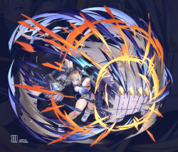 1girl :t absurdres bare_legs bare_shoulders blonde_hair blue_background blue_eyes blue_hair blue_shoes breasts chest_harness closed_mouth commentary covered_navel english_text eye_trail full_body gauntlets glowing glowing_eyes hair_between_eyes hair_ornament hairclip harness highleg highleg_leotard highres huge_weapon impossible_clothes impossible_leotard leotard light_trail long_hair looking_at_viewer mechanical_arms medium_breasts morros multicolored_hair multicolored_leotard multicolored_shoes original pouch power_fist puffy_cheeks punching shoes sneakers solo streaked_hair symbol-only_commentary tekkou-chan_(morros) thigh_pouch thigh_strap triangle_hair_ornament twintails two-tone_hair two-tone_leotard two-tone_shoes weapon white_shoes white_sneakers zoom_layer