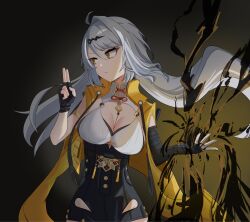 1girl absurdres ahoge black_gloves breasts cleavage fingerless_gloves gloves grey_hair hair_intakes hand_up highres large_breasts long_hair shimo_(shimo_ha) solo upper_body very_long_hair yellow_eyes yixuan_(zenless_zone_zero) zenless_zone_zero