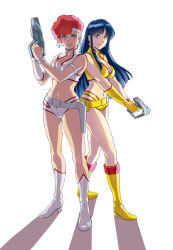 2girls absurdres azasuke belt bikini blue_hair boots breasts brown_eyes cleavage closed_mouth dirty_pair earrings grey_belt gun headband high_heel_boots high_heels highres holding holding_gun holding_weapon holster jewelry kei_(dirty_pair) looking_at_viewer medium_breasts multiple_girls navel red_hair simple_background smile standing swimsuit weapon white_background white_bikini white_footwear yellow_belt yellow_bikini yellow_boots yuri_(dirty_pair)