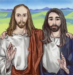 2boys asmongold beard black_eyes blue_sky brown_hair commentary cosplay cr1tikal day english_commentary facial_hair highres jesus jesus_(cosplay) long_hair looking_at_viewer male_focus mossacannibalis multiple_boys outdoors real_life sky