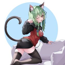 ;3 animal_ear_fluff animal_ears artist_request ass belt black_hoodie black_skirt black_thighhighs blue_bow blue_ribbon bow cat_ears cat_tail commission couch from_behind green_hair hair_between_eyes hair_bow hair_ribbon hand_up highres hood hood_down hoodie huanxiang_koudai_meow indie_virtual_youtuber long_hair long_sleeves looking_at_viewer looking_back miniskirt no_shoes on_couch on_one_knee one_eye_closed one_side_up paw_pose red_eyes red_hoodie ribbon second-party_source simple_background skirt smile solo tail thighhighs two-tone_hoodie zettai_ryouiki