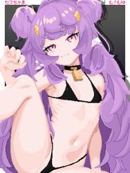 1girl animal_ears bare_shoulders bikini cameltoe collarbone cow_ears double_bun flat_chest hair_bun horns leg_up long_hair looking_at_viewer mole muu_muyu navel neck_bell phase_connect pink_eyes pixel_art purple_hair ribs seth-chama solo spread_legs swimsuit virtual_youtuber