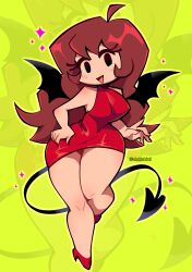 1girl :d absurdres ahoge bat_wings black_eyes black_wings breasts brown_hair demon_tail dokukiui dress eyelashes friday_night_funkin&#039; full_body girlfriend_(friday_night_funkin&#039;) green_background high_heels highres large_breasts long_hair looking_at_viewer open_mouth red_dress red_nails red_shoes shoes simple_background sleeveless sleeveless_dress smile solo sparkle standing tail thighs wings