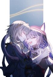 2girls aglaea_(honkai:_star_rail) animal_ears animal_hood blonde_hair breasts cat_ears cat_girl cat_hood cat_tail cipher_(honkai:_star_rail) commentary dress grey_hair highres holding_hands honkai:_star_rail honkai_(series) hood large_breasts multiple_girls oekakidekinai1 open_mouth short_hair short_hair_with_long_locks smile symbol-only_commentary tail thread two-tone_background white_dress
